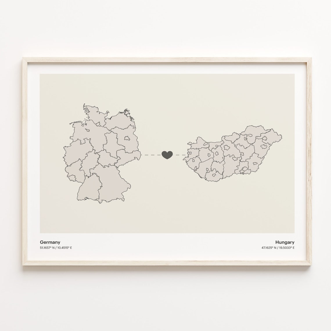 Germany Hungary Long Distance Heart Connection Map Gift Poster