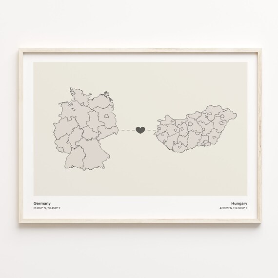 Germany Hungary Long Distance Heart Connection Map Gift Poster