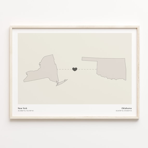 New York To Oklahoma Heart Connection Minimalist State Map Poster