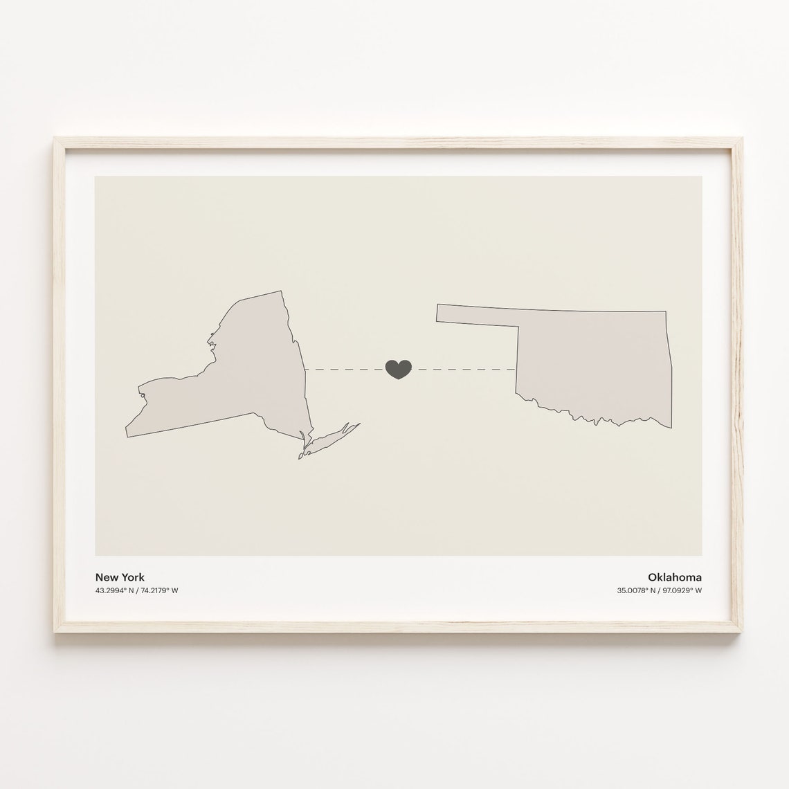 New York To Oklahoma Heart Connection Minimalist State Map Poster