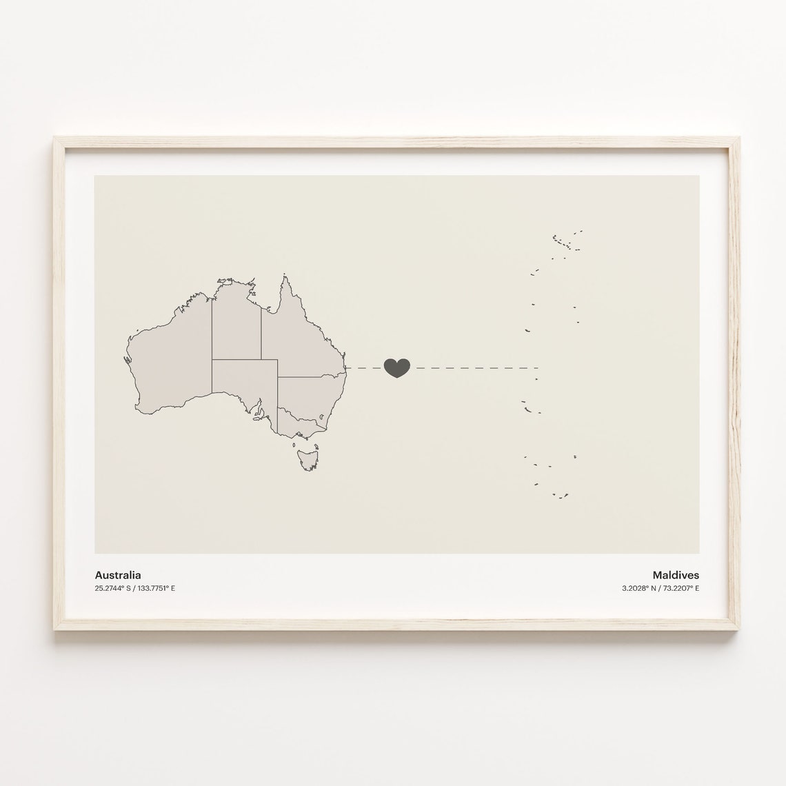 Australia to Maldives Minimalist Heart Connection Map Poster