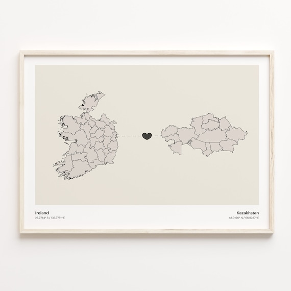 Ireland to Kazakhstan Minimalist Heart Connection Map Poster