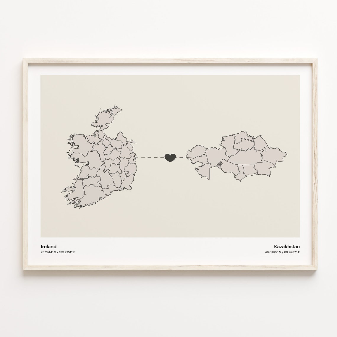 Ireland to Kazakhstan Minimalist Heart Connection Map Poster