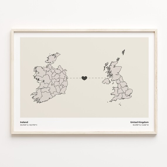 Ireland To United Kingdom Minimalist Heart Map Long Distance Love Poster