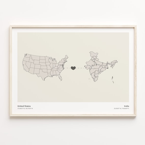 United States To India Heart Connection Minimalist Beige Map Poster