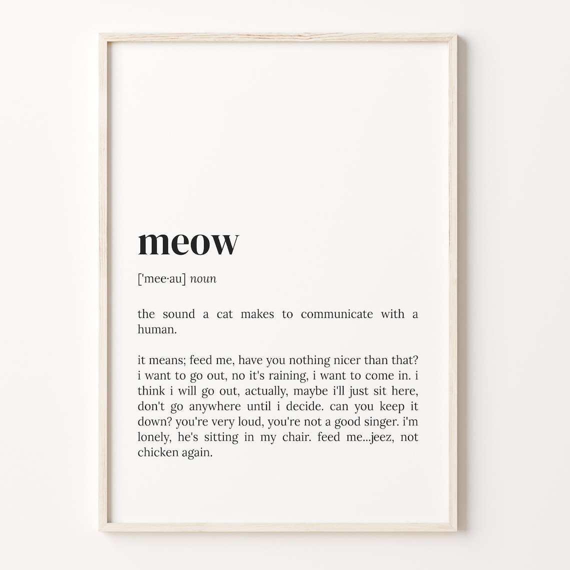 Meow Funny Cat Definition Dictionary Typography Humor Word Poster