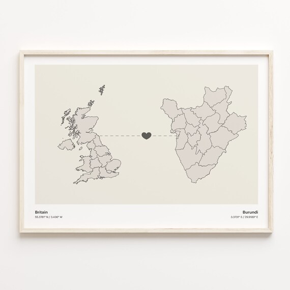Britain to Burundi Minimalist Long Distance Love Map Art Poster