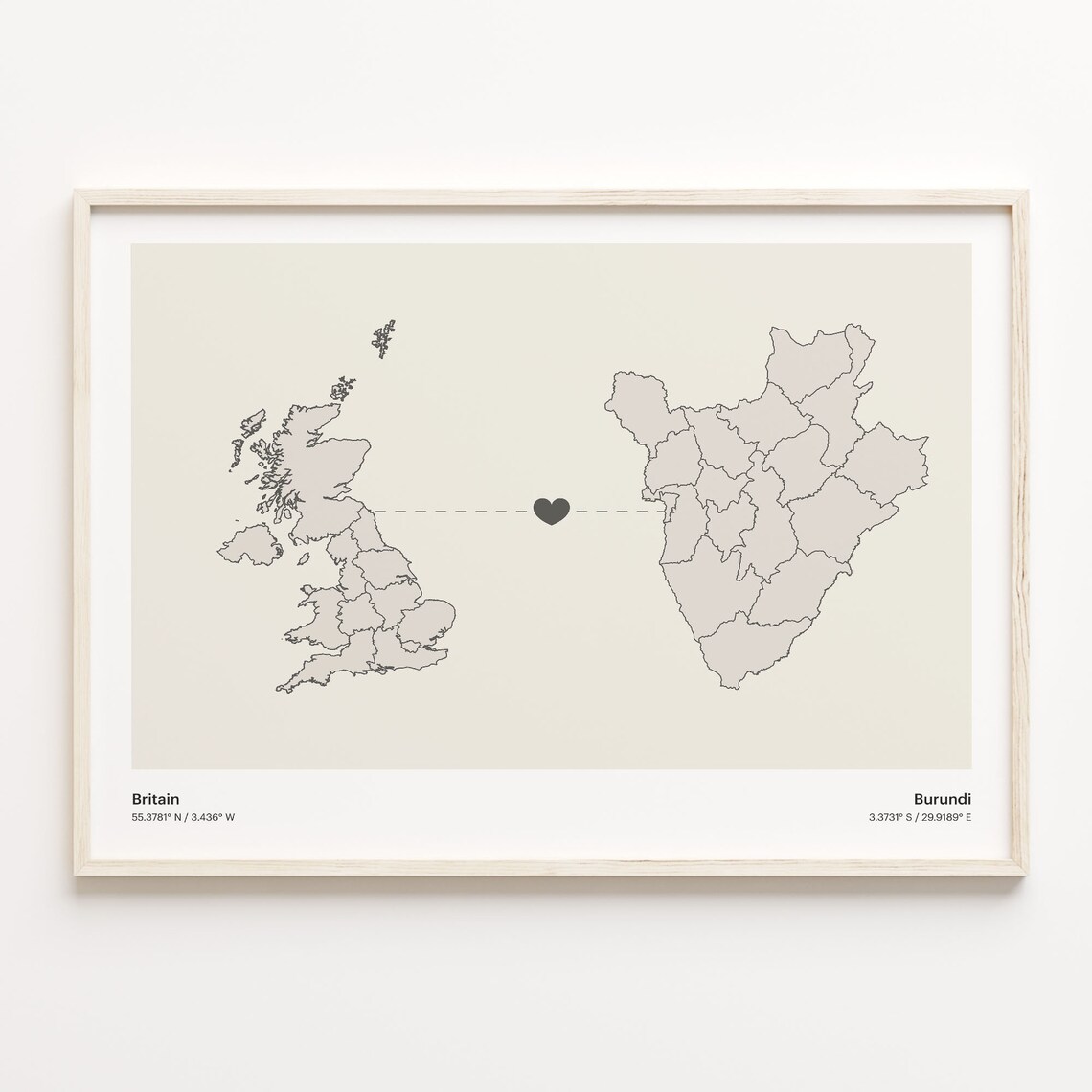 Britain to Burundi Minimalist Long Distance Love Map Art Poster