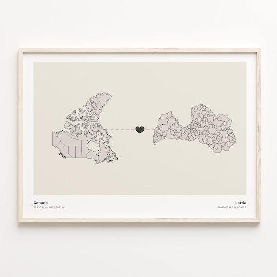 Canada To Latvia Soft Beige Heart Connection Minimalist Map Poster