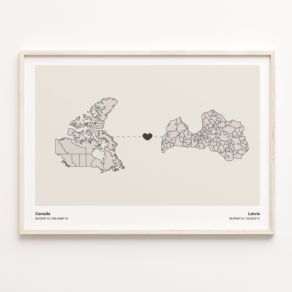 Canada To Latvia Soft Beige Heart Connection Minimalist Map Poster