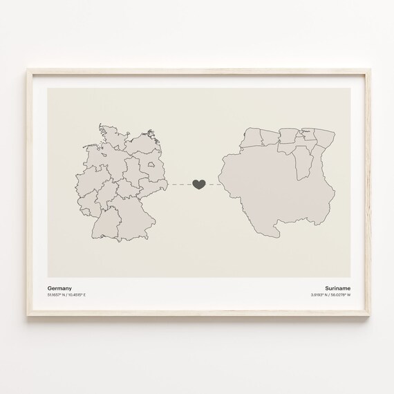 Germany To Suriname Long Distance Love Minimalist Map Art Poster
