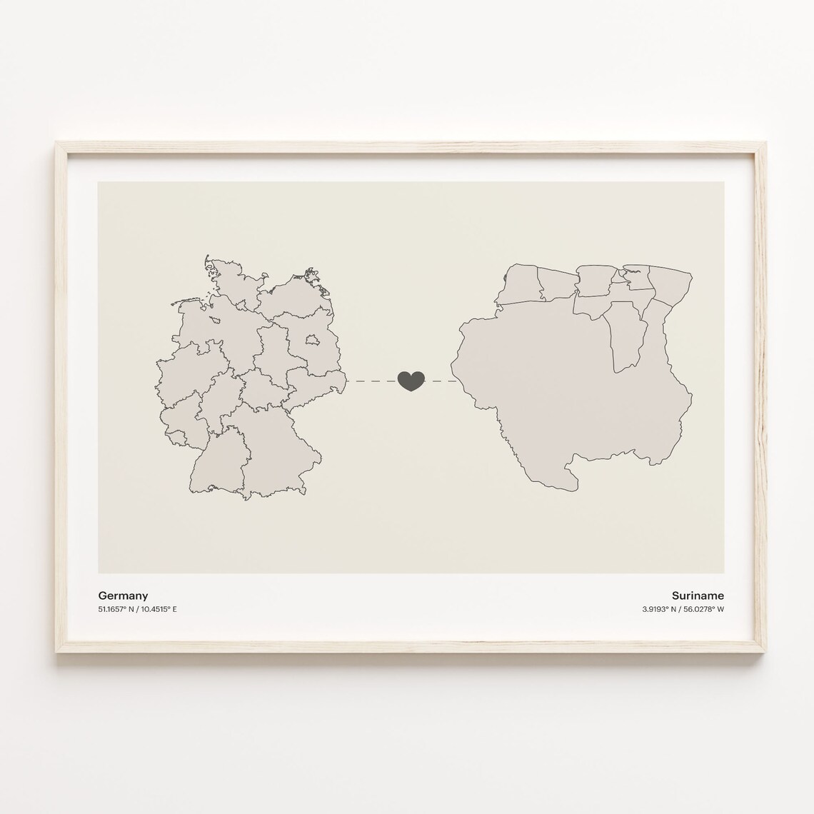 Germany To Suriname Long Distance Love Minimalist Map Art Poster