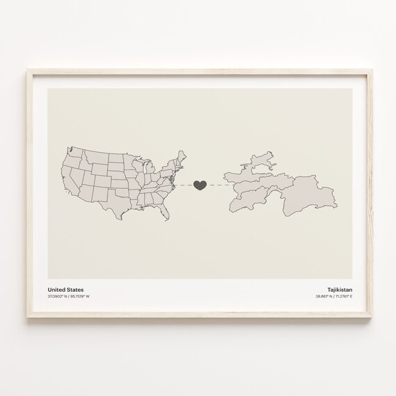 United States To Tajikistan Minimalist Heart Map Connection Gift Poster