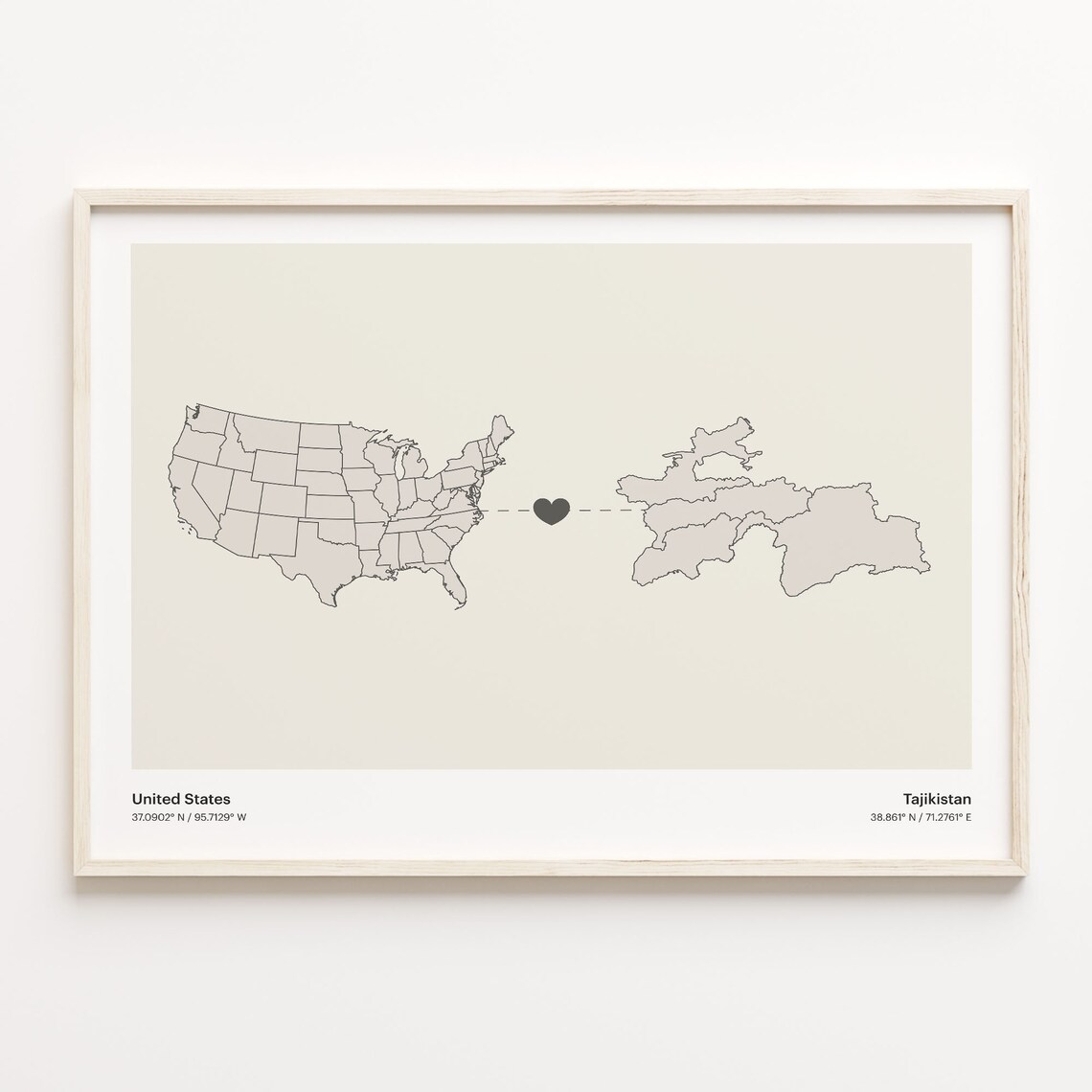 United States To Tajikistan Minimalist Heart Map Connection Gift Poster