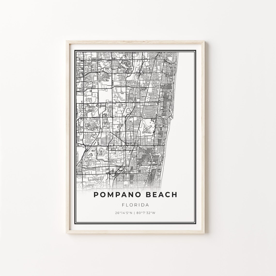 Pompano Beach Florida City Map Minimalist Black and White Art Poster