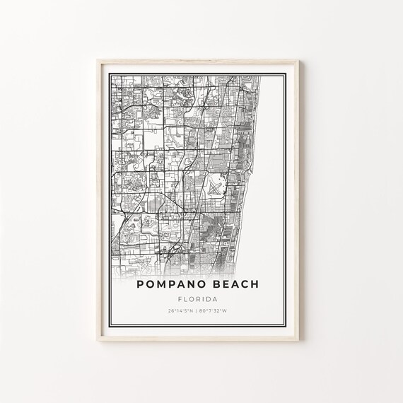 Pompano Beach Florida City Map Minimalist Black and White Art Poster