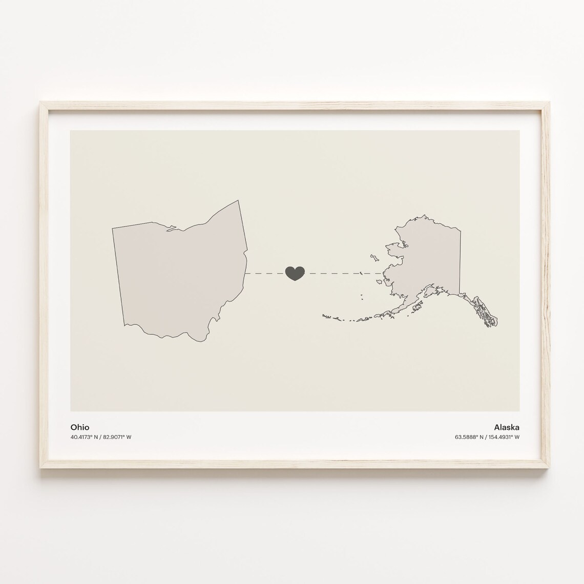 Ohio to Alaska Heart Map Long Distance Relationship Art Poster