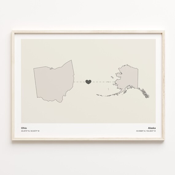 Ohio to Alaska Heart Map Long Distance Relationship Art Poster