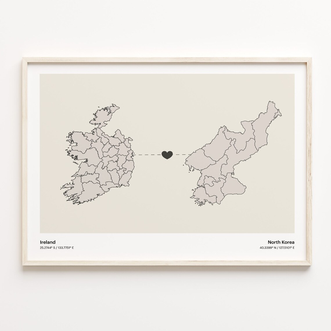 Ireland to North Korea Heart Map Long Distance Love Art Poster