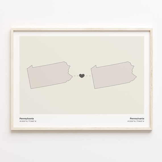 Pennsylvania Couple Both in Pennsylvania Long Distance Love Heart Map Poster
