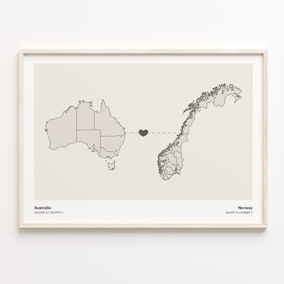 Australia Norway Long Distance Heart Map Minimalist Love Print
