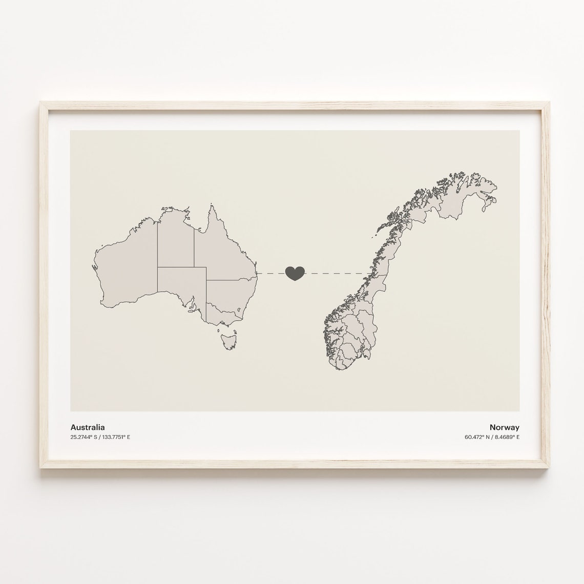 Australia Norway Long Distance Heart Map Minimalist Love Print