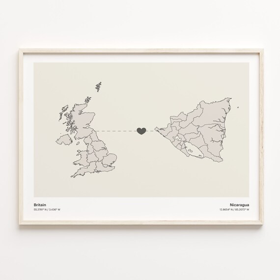 Britain to Nicaragua Minimalist Long Distance Heart Map Connection Poster