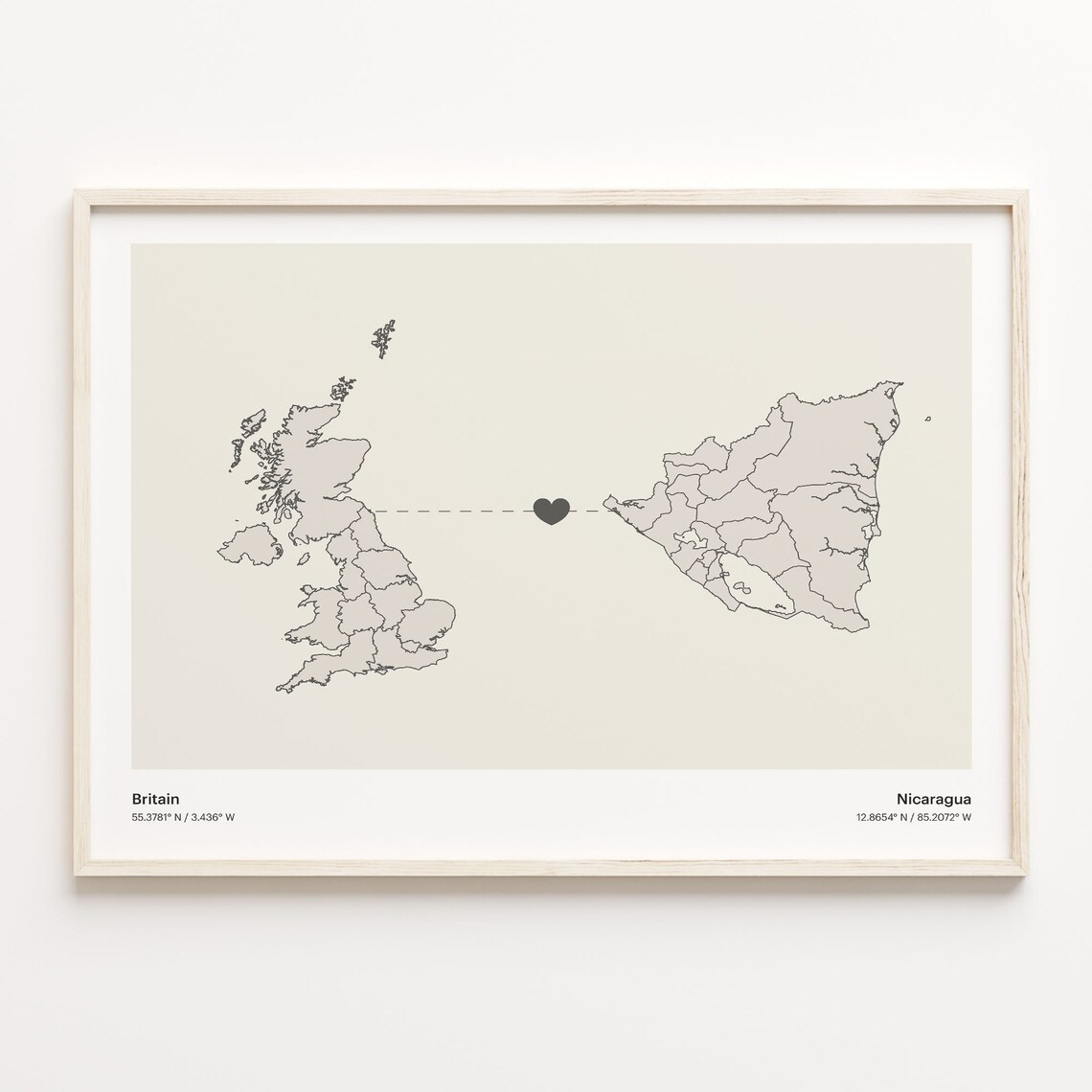 Britain to Nicaragua Minimalist Long Distance Heart Map Connection Poster