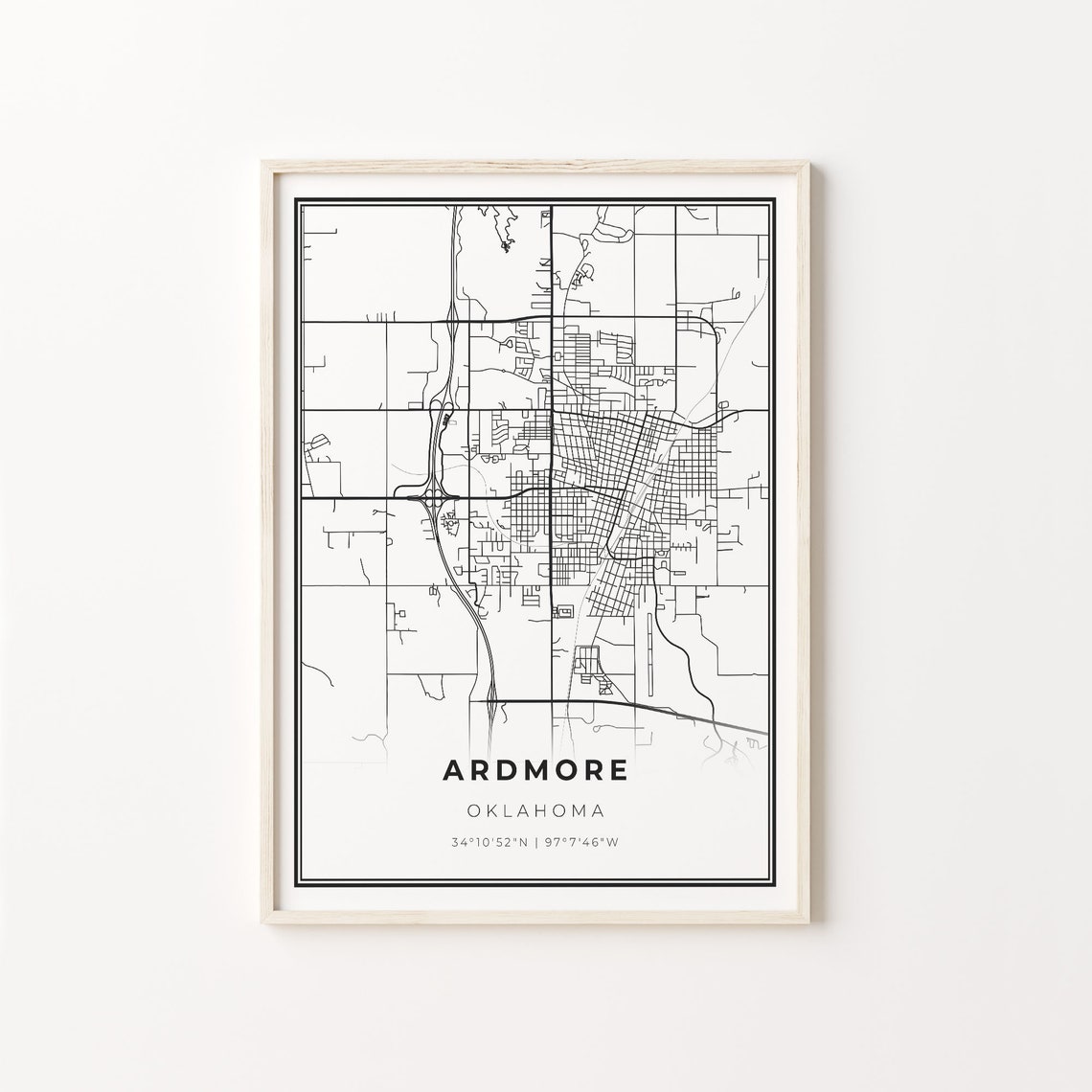 Ardmore Oklahoma Modern Minimalist Black and White City Map Poster