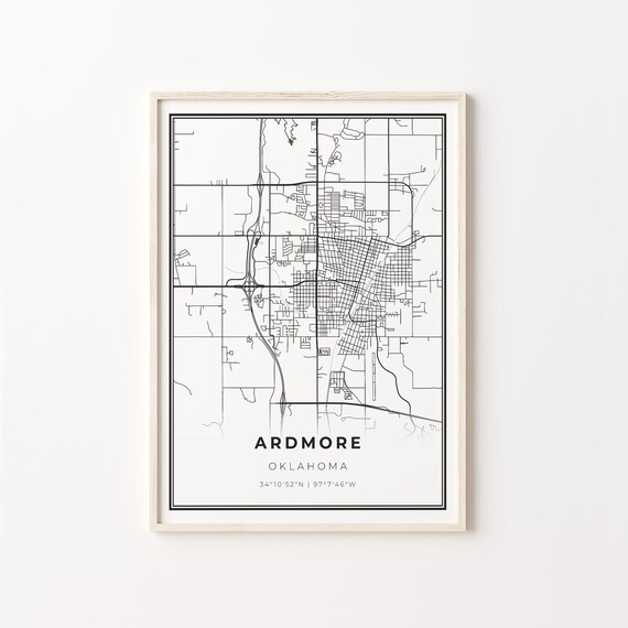 Ardmore Oklahoma Modern Minimalist Black and White City Map Poster