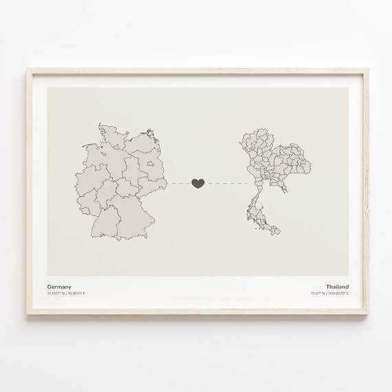 Germany and Thailand Long Distance Heart Map Connection Poster