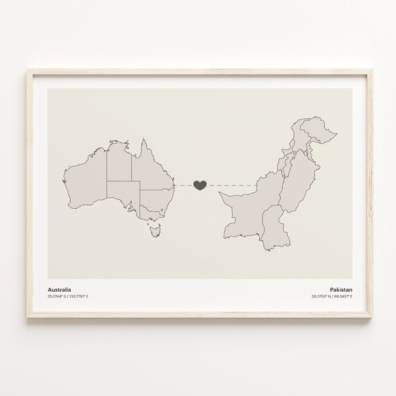 Australia to Pakistan Long Distance Heart Connection Map Poster