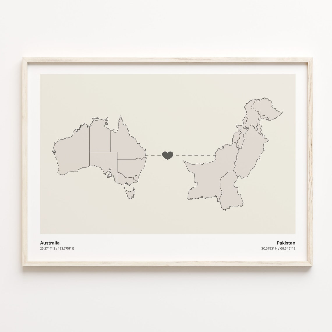 Australia to Pakistan Long Distance Heart Connection Map Poster