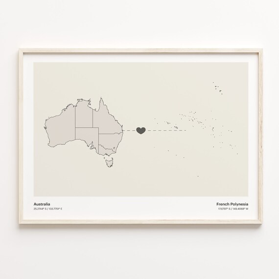 Australia to French Polynesia Long Distance Heart Map Connection Poster