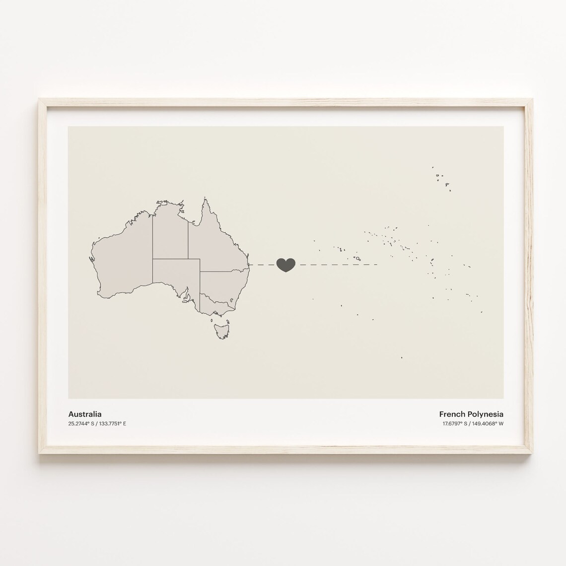 Australia to French Polynesia Long Distance Heart Map Connection Poster