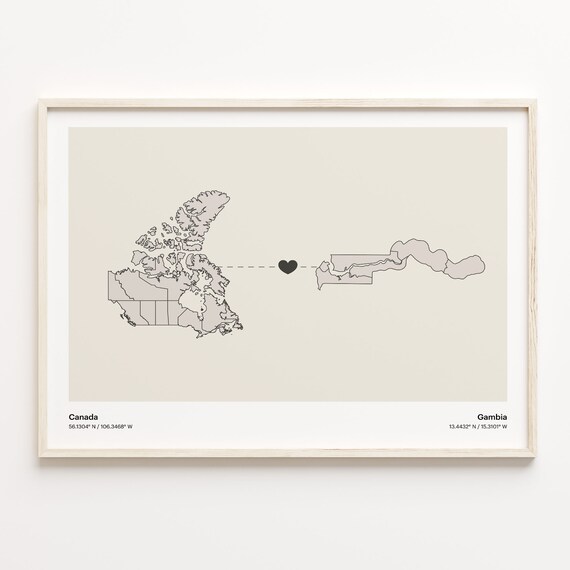 Canada To Gambia Soft Beige Heart Connection Minimalist Map Poster
