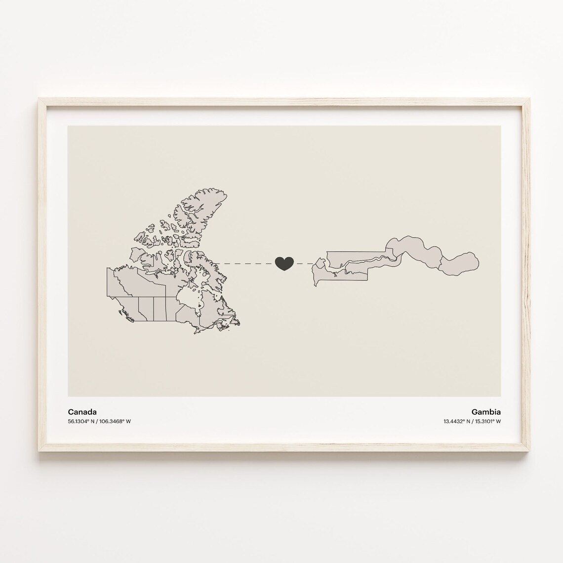 Canada To Gambia Soft Beige Heart Connection Minimalist Map Poster