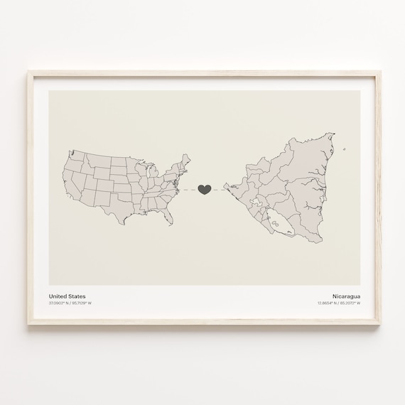 United States To Nicaragua Minimalist Heart Map Connection Gift Poster