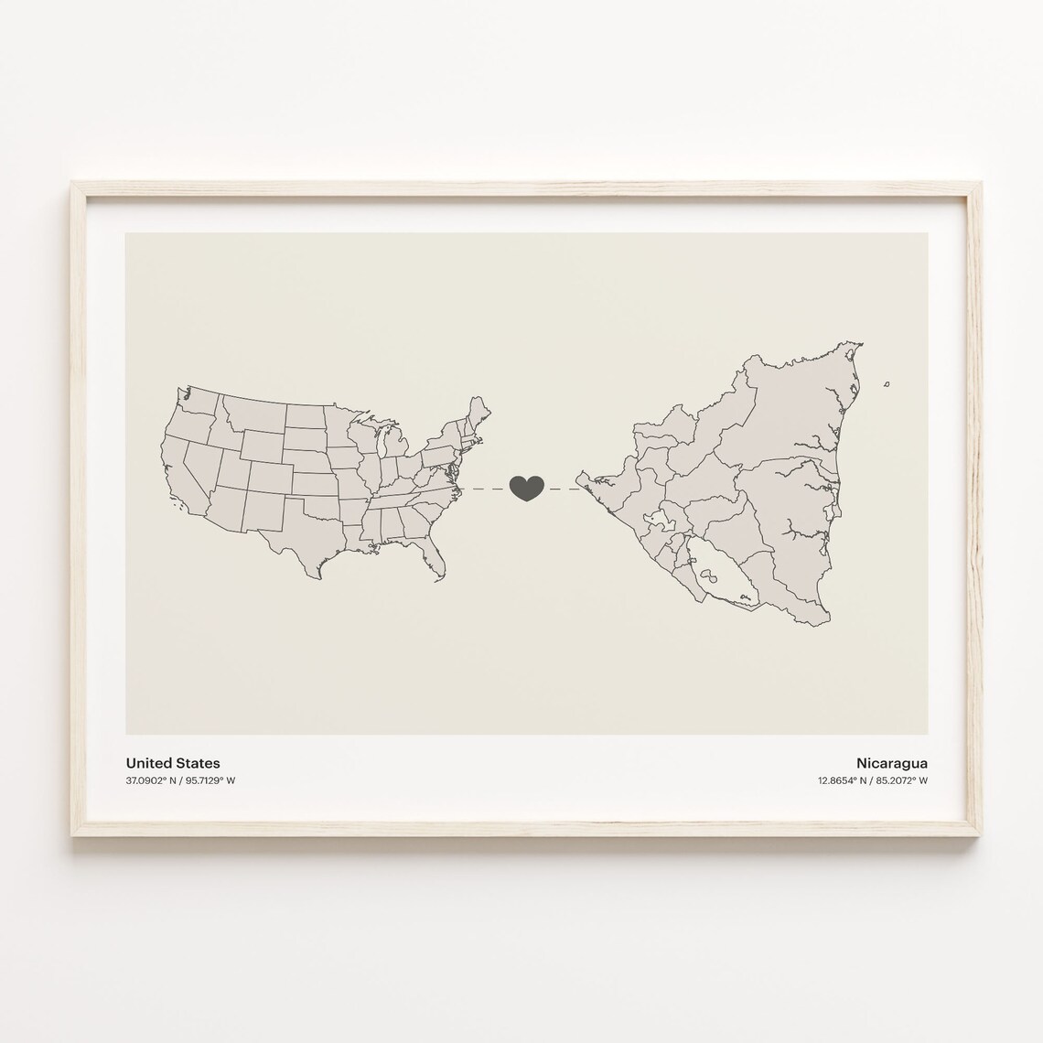 United States To Nicaragua Minimalist Heart Map Connection Gift Poster