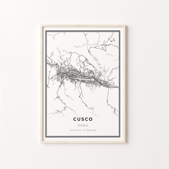 Cusco Peru Modern Minimalist Black and White City Map Poster