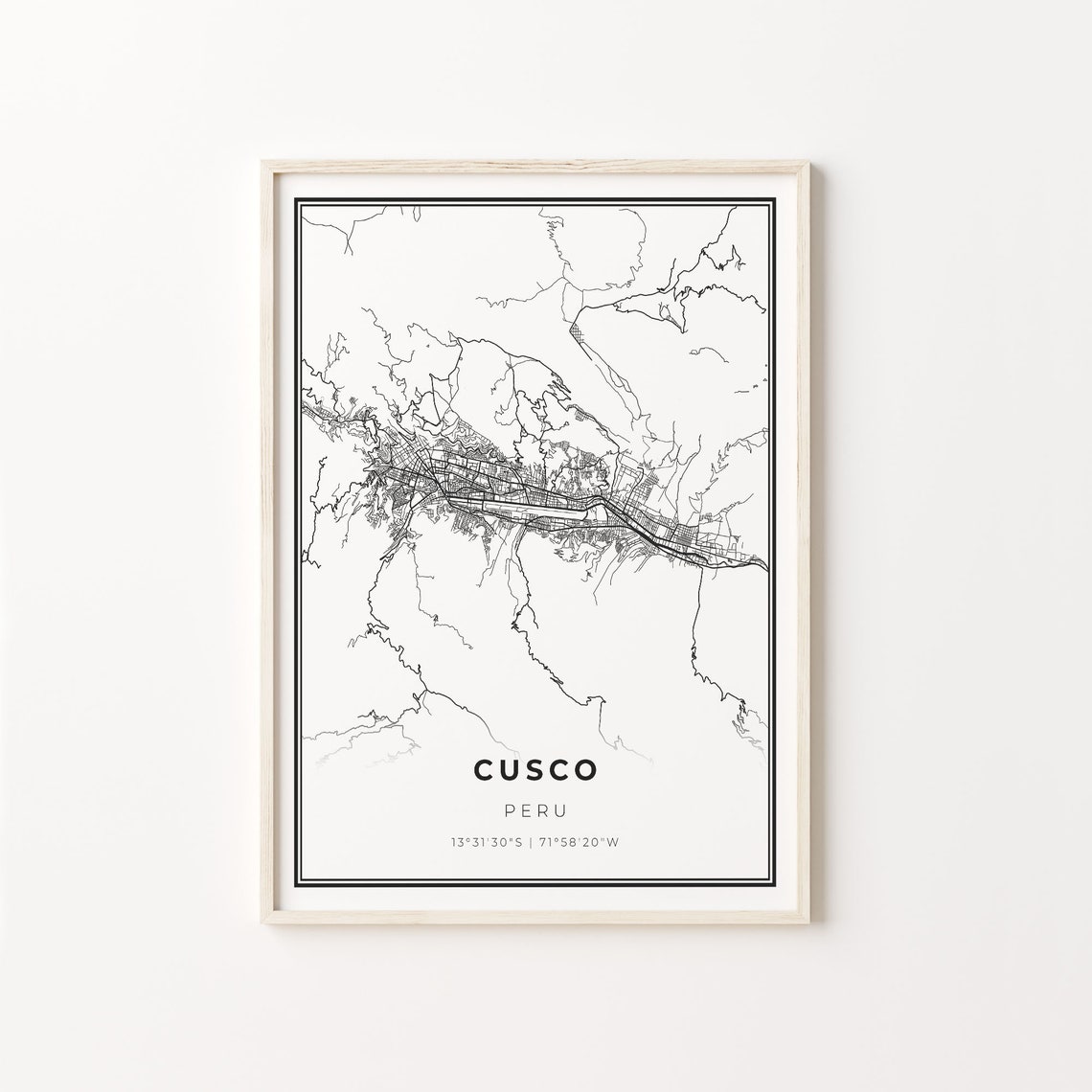 Cusco Peru Modern Minimalist Black and White City Map Poster