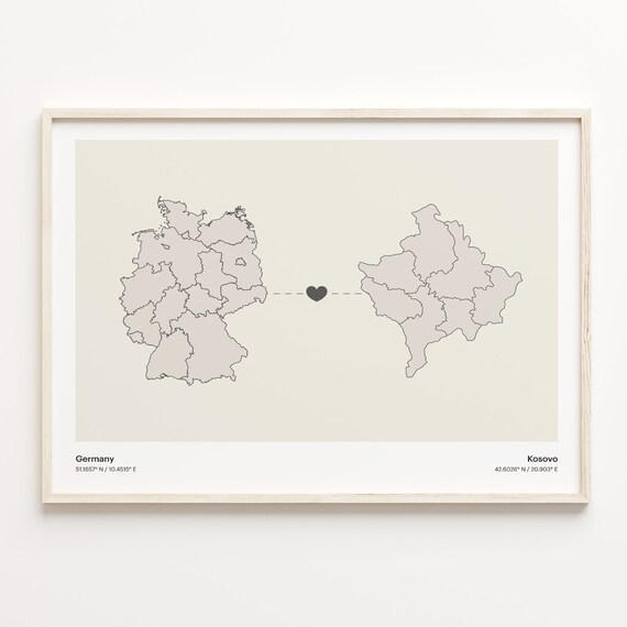 Germany to Kosovo Minimalist Long Distance Heart Map Connection Poster
