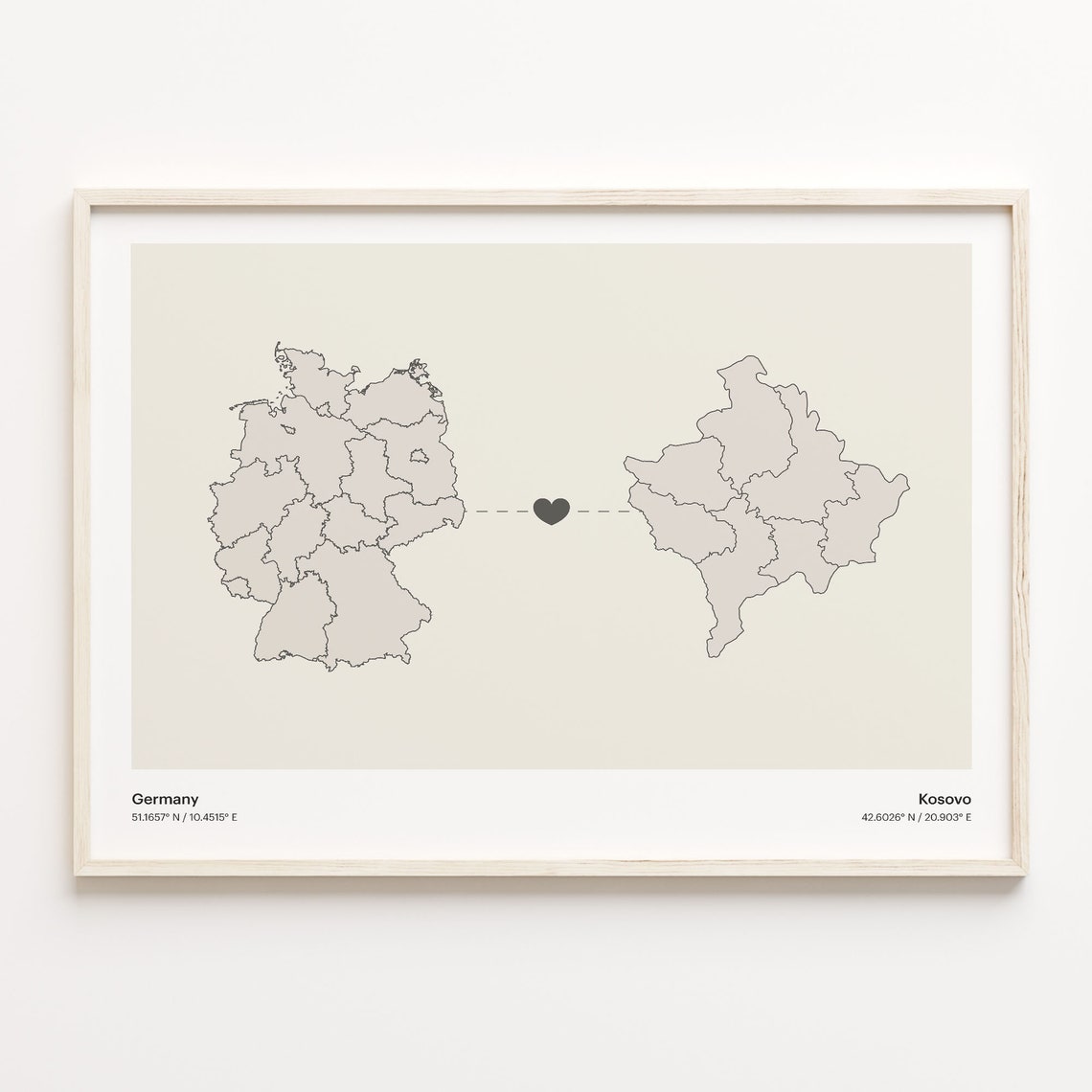 Germany to Kosovo Minimalist Long Distance Heart Map Connection Poster