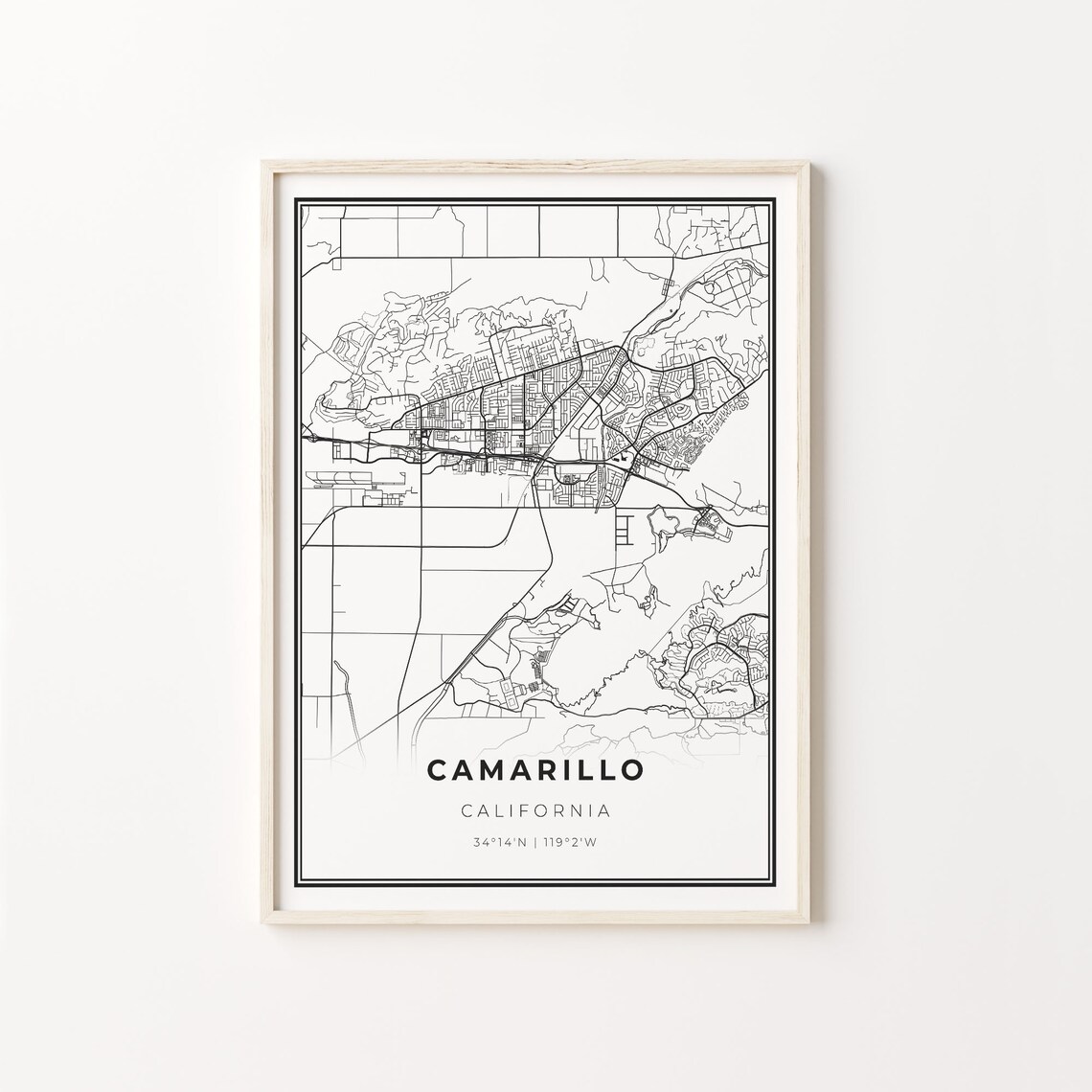 Camarillo California Modern Minimalist Black White Street Map Poster