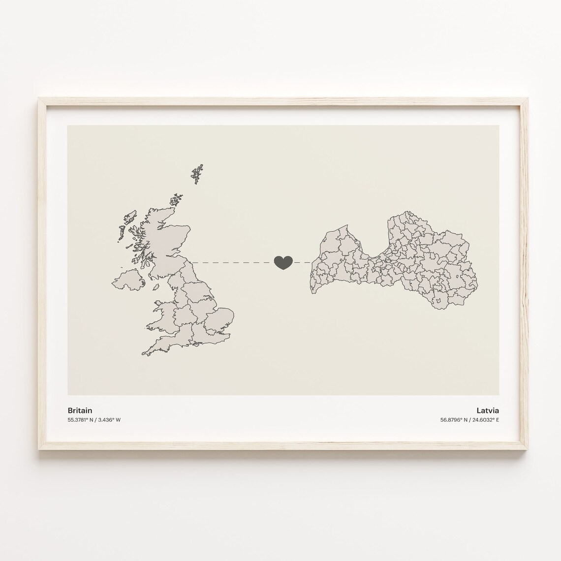 Britain To Latvia Minimalistic Heart Love Connection Map Poster