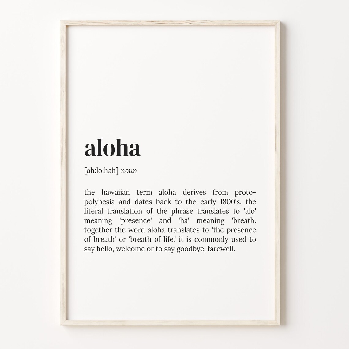 Aloha Definition Dictionary Poster, Hawaii Travel Art Print