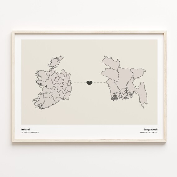 Ireland to Bangladesh Long Distance Heart Connection Map Poster