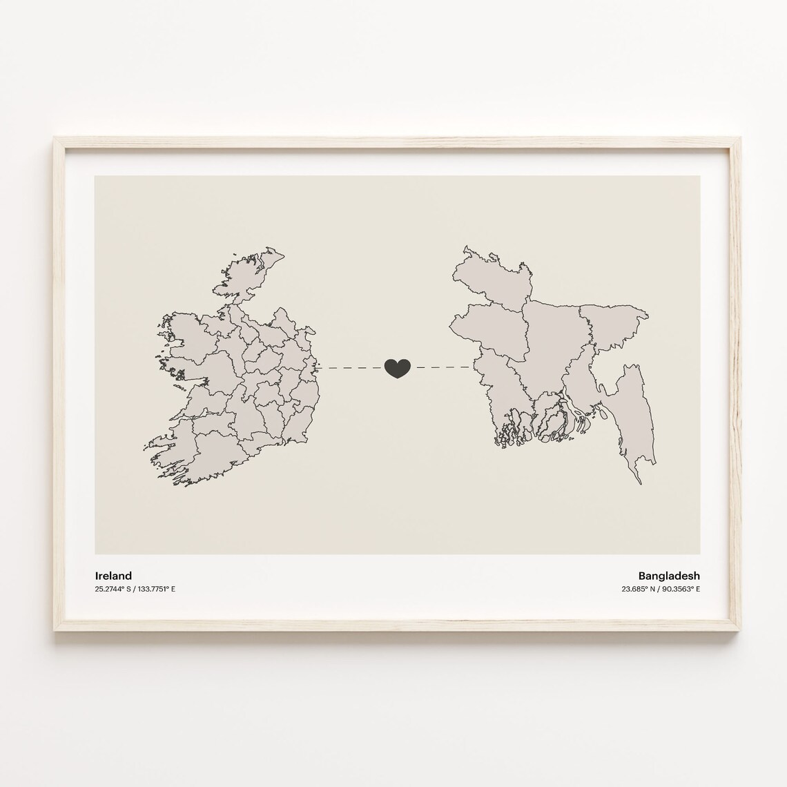 Ireland to Bangladesh Long Distance Heart Connection Map Poster