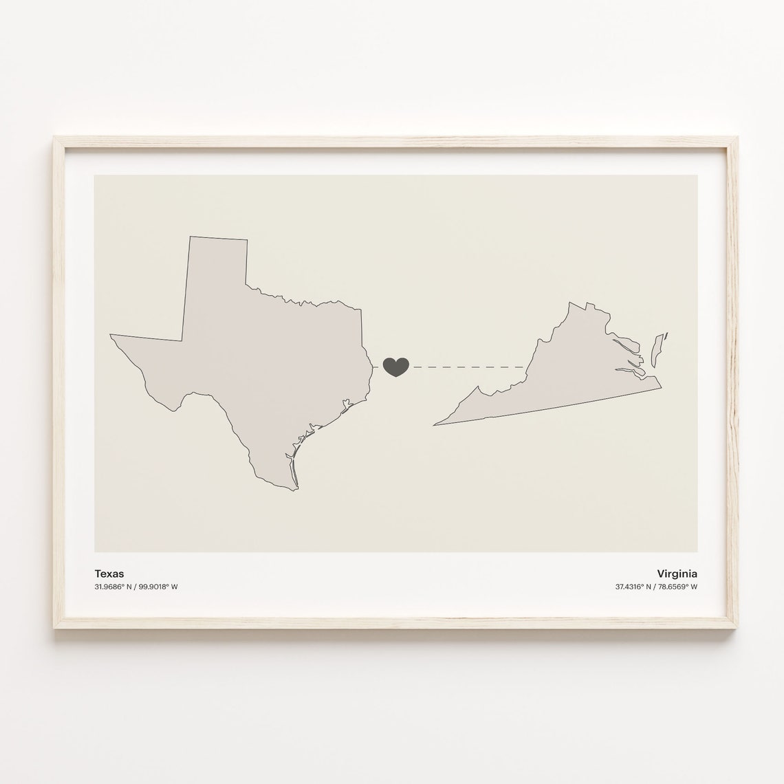 Texas to Virginia Heart Connection Map Long Distance Gift Poster
