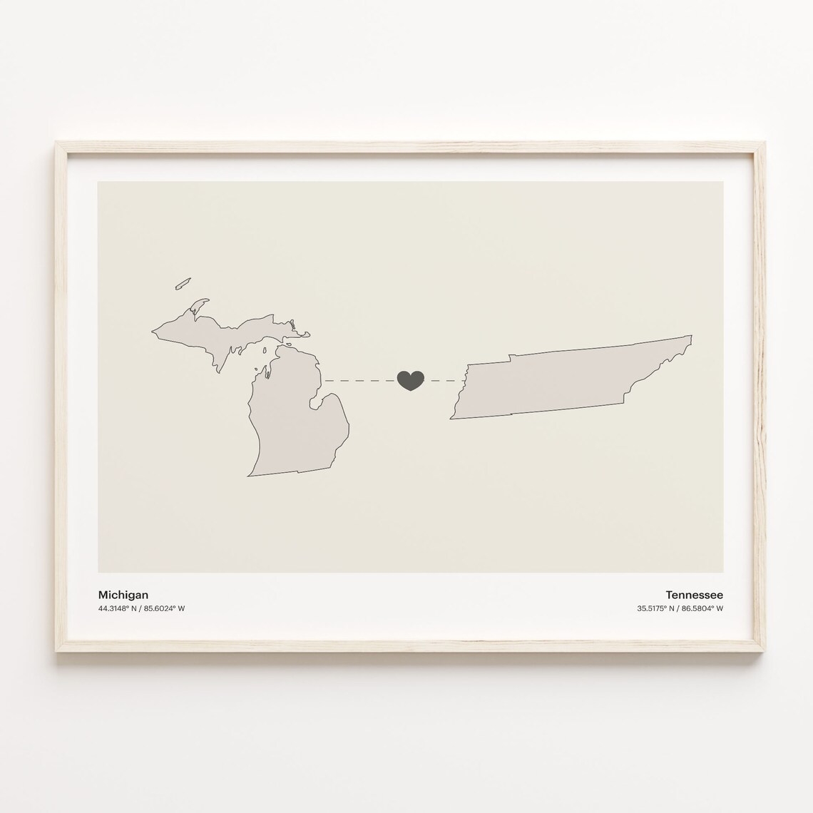 Michigan To Tennessee Minimalist State Connection Map Print